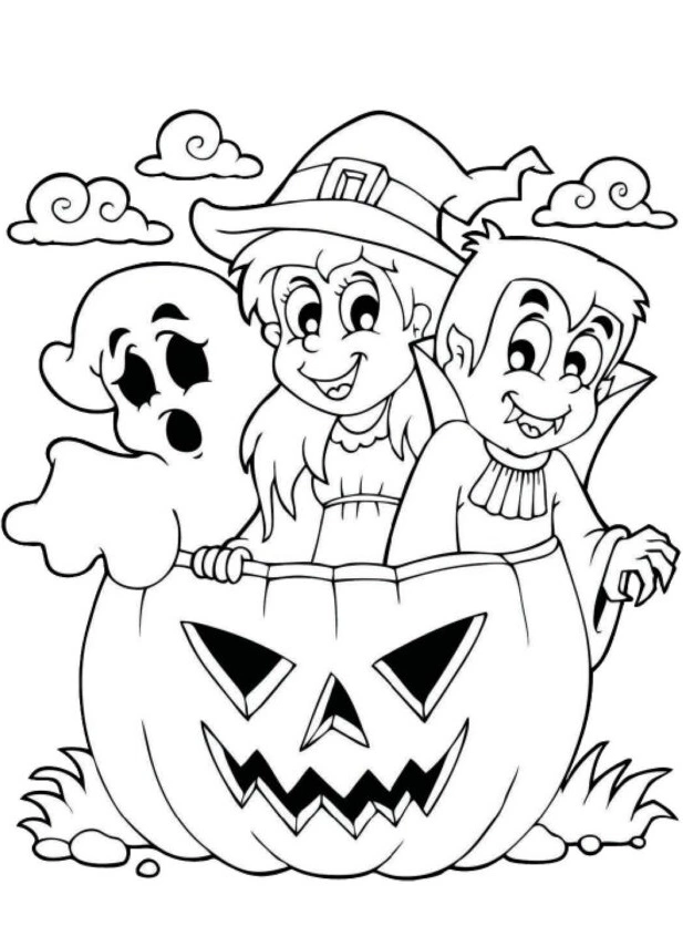 Kolorowanka dzieci i duch w dyni